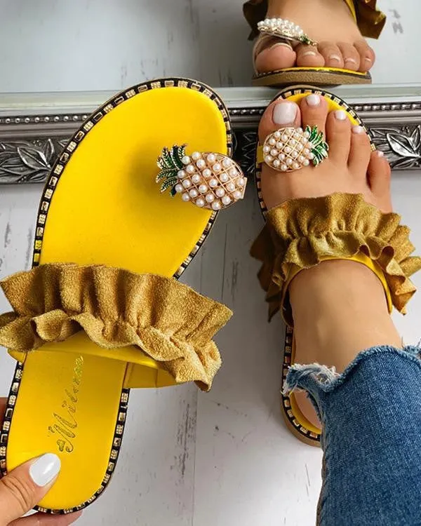 Women yellow ring toe flat slide 
sandals