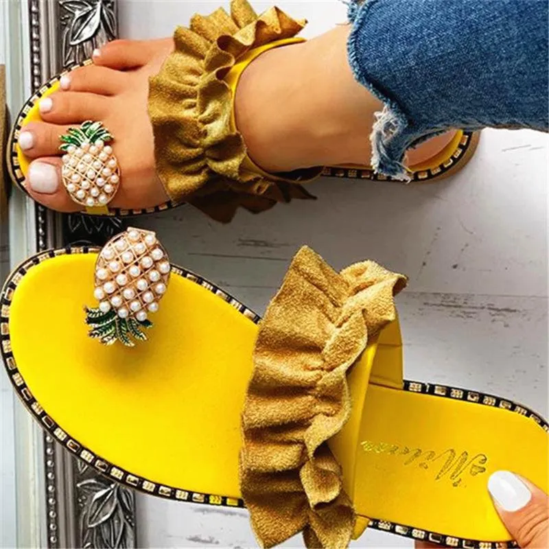 Women yellow ring toe flat slide 
sandals