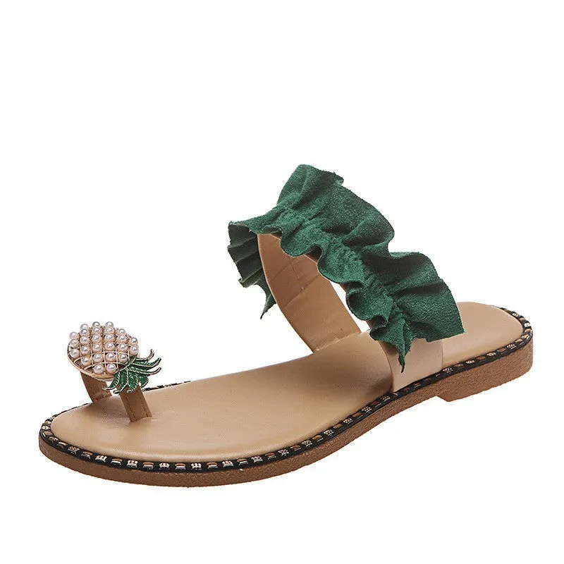 Women yellow ring toe flat slide 
sandals