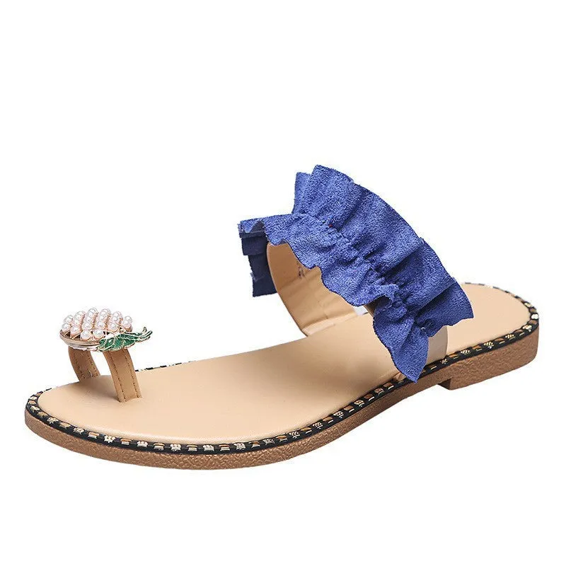 Women yellow ring toe flat slide 
sandals