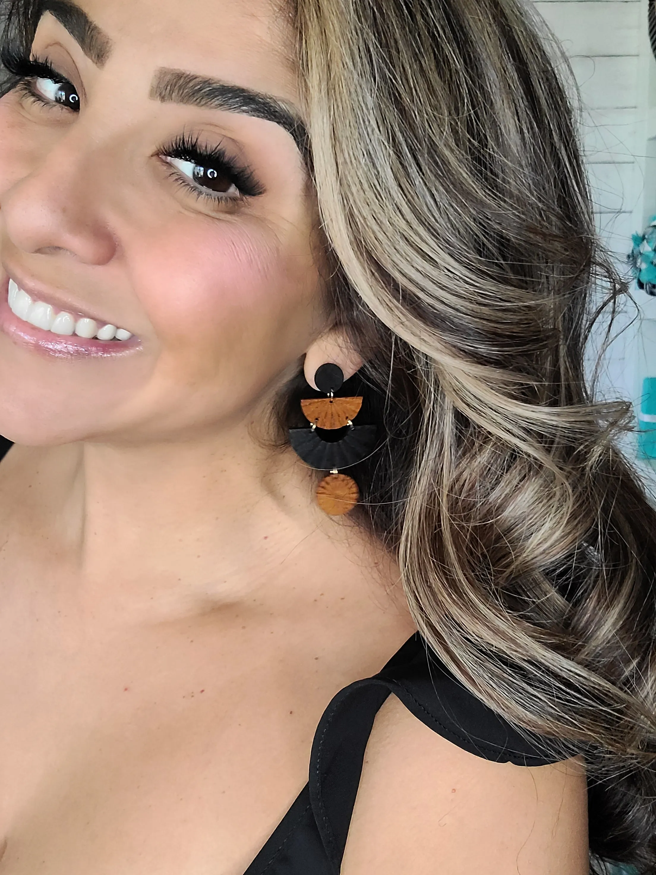 Wood Carved Fan Dangle Earrings