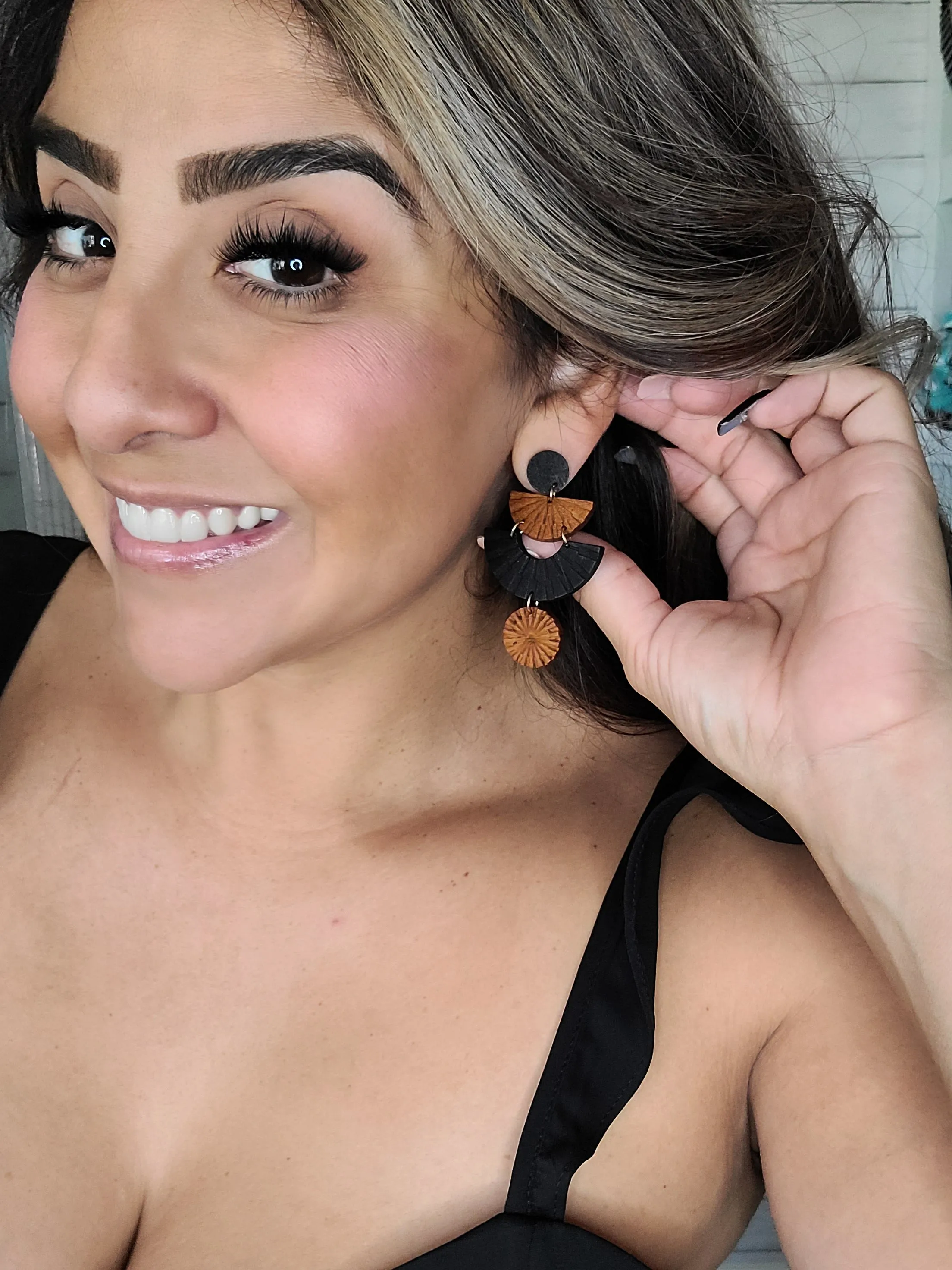 Wood Carved Fan Dangle Earrings