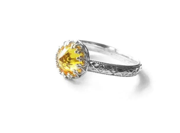 Yellow Cubic Zirconia Ring with Sterling Silver Floral Band