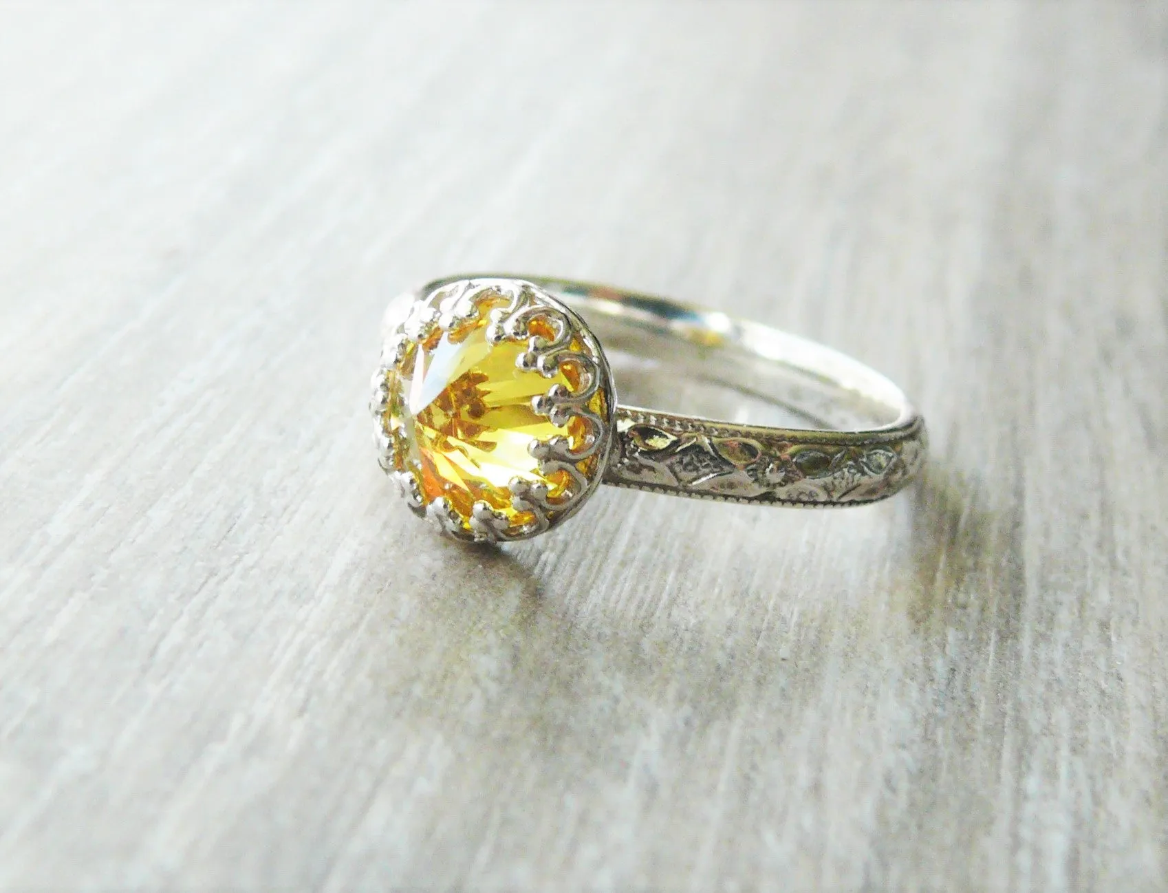 Yellow Cubic Zirconia Ring with Sterling Silver Floral Band