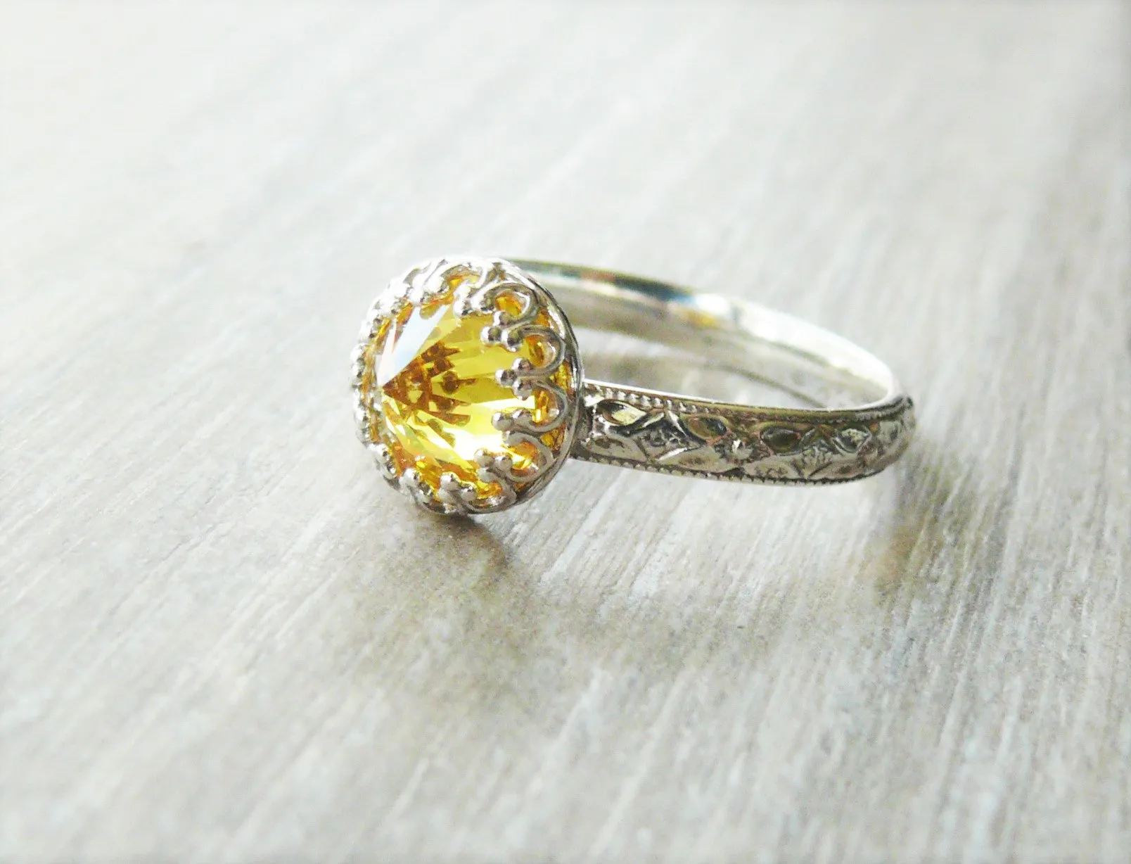 Yellow Cubic Zirconia Ring with Sterling Silver Floral Band